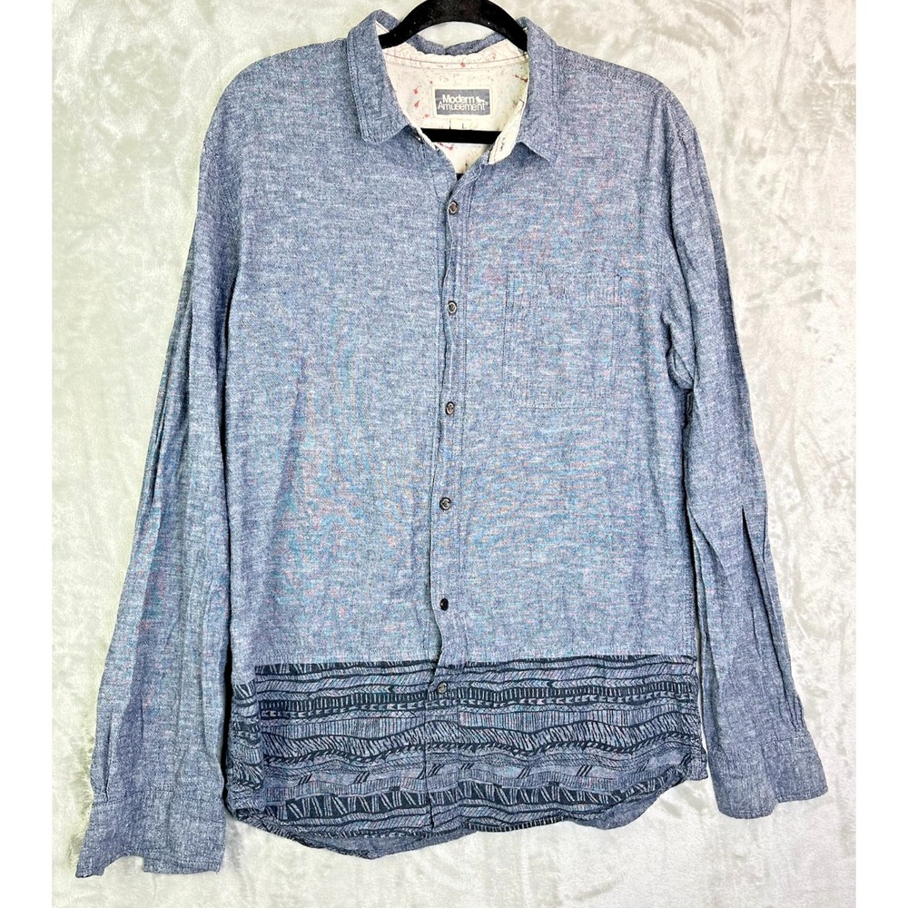 Modern Amusement Button Down Mens Large Blue Geometric Print Linen Blend Shirt